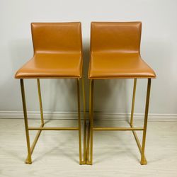 Camel Faux Leather Bar Stools with Gold Metal Frame (Set of 2)