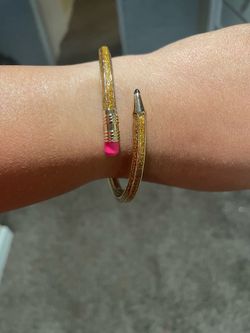 Betsy Johnson Gold Glitter Pencil-Accent Cuff Bracelet with Pink Tip
