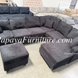 NEW LARGE U Shape Sectional Sofa Chenille Fabric Black Dark Grey Modern and Reversible Left Right Chaise Set Big SALE Ashley Style Designer Big SALE