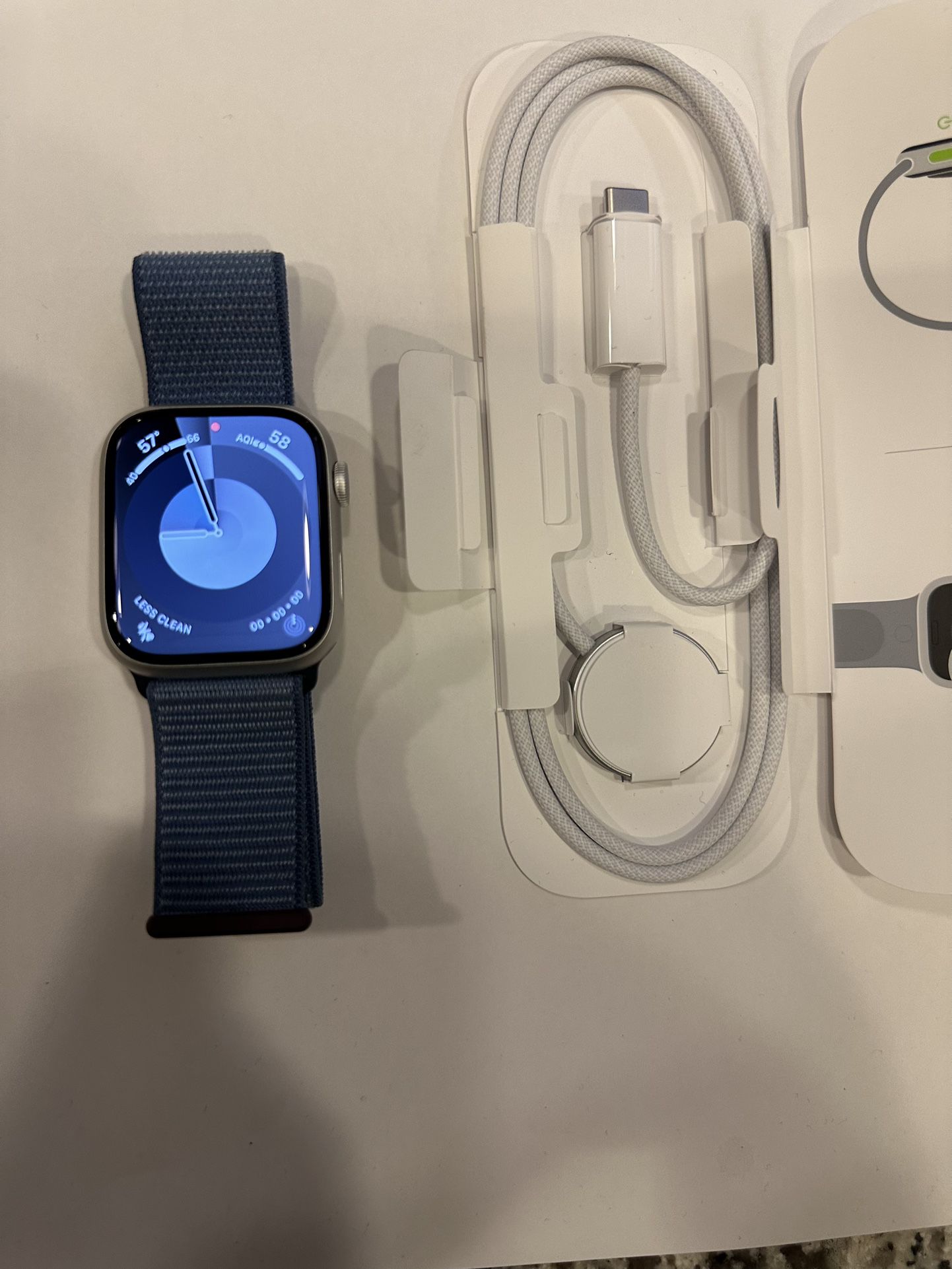 Brand NEW Apple Watch Series 9 GPS 45mm Silver With Winter Blue M/L Size Sport Loop