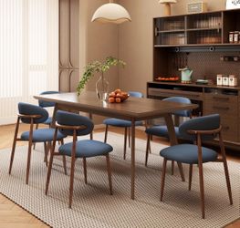 Upholstered Dining Chairs Set of 6 Mid-Century Modern Kitchen & Dining Room Chairs with Linen Seat (Walnut/Blue)
