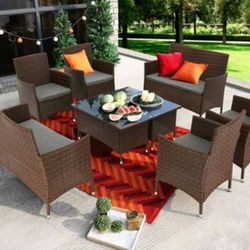 8 Pieces Outdoor Furniture Complete Patio Wicker Rattan Garden Set, Brown