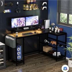 Garvee L Shaped Computer Desk with Power Outlets & LED Light, Reversible Corner Desk with Storage