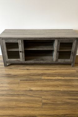 Rustic Grey Wood TV Stand with Glass Doors – Great Condition