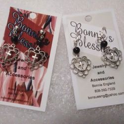 Silver Heart Cross Earrings either Stud or Hook 