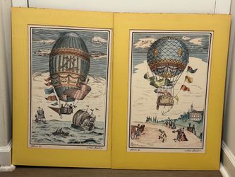 Lot Of 2 Antique 1950s Biliverti Franco Rainaldi Hand Colored French Balloon Prints
