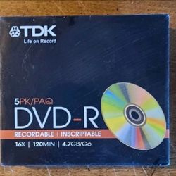TDK DVD-R Recordable Inscriptable Media 16X 120MIN 4.7GB New 5 Pack CDs Cases A4