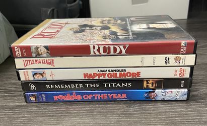 Lot of 5 DVD Sports Movies, Rudy - Special Edition, Little Big League, Happy Gilmore - Special Edition, Remember the Titans, Rookie of the Year