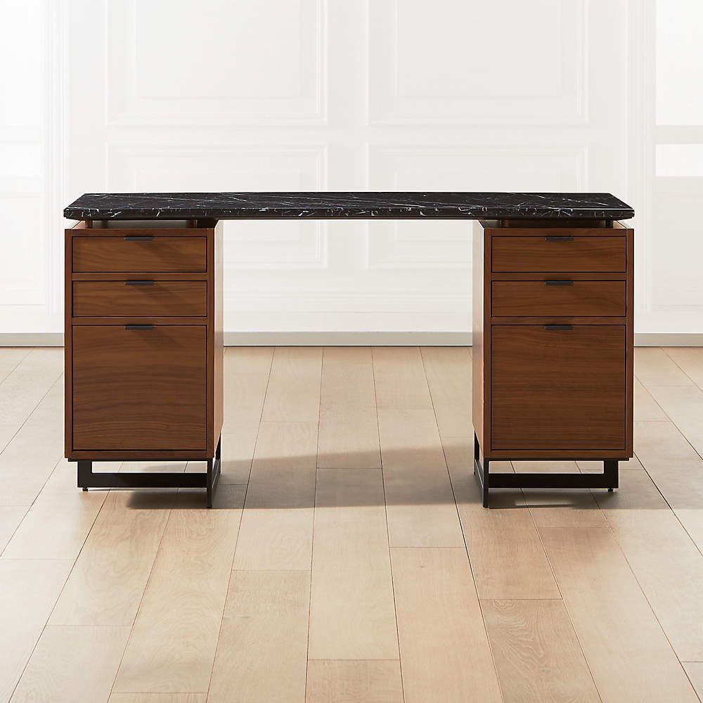 FULLERTON 6-DRAWER WALNUT WOOD DESK WITH BLACK MARBLE TOP
