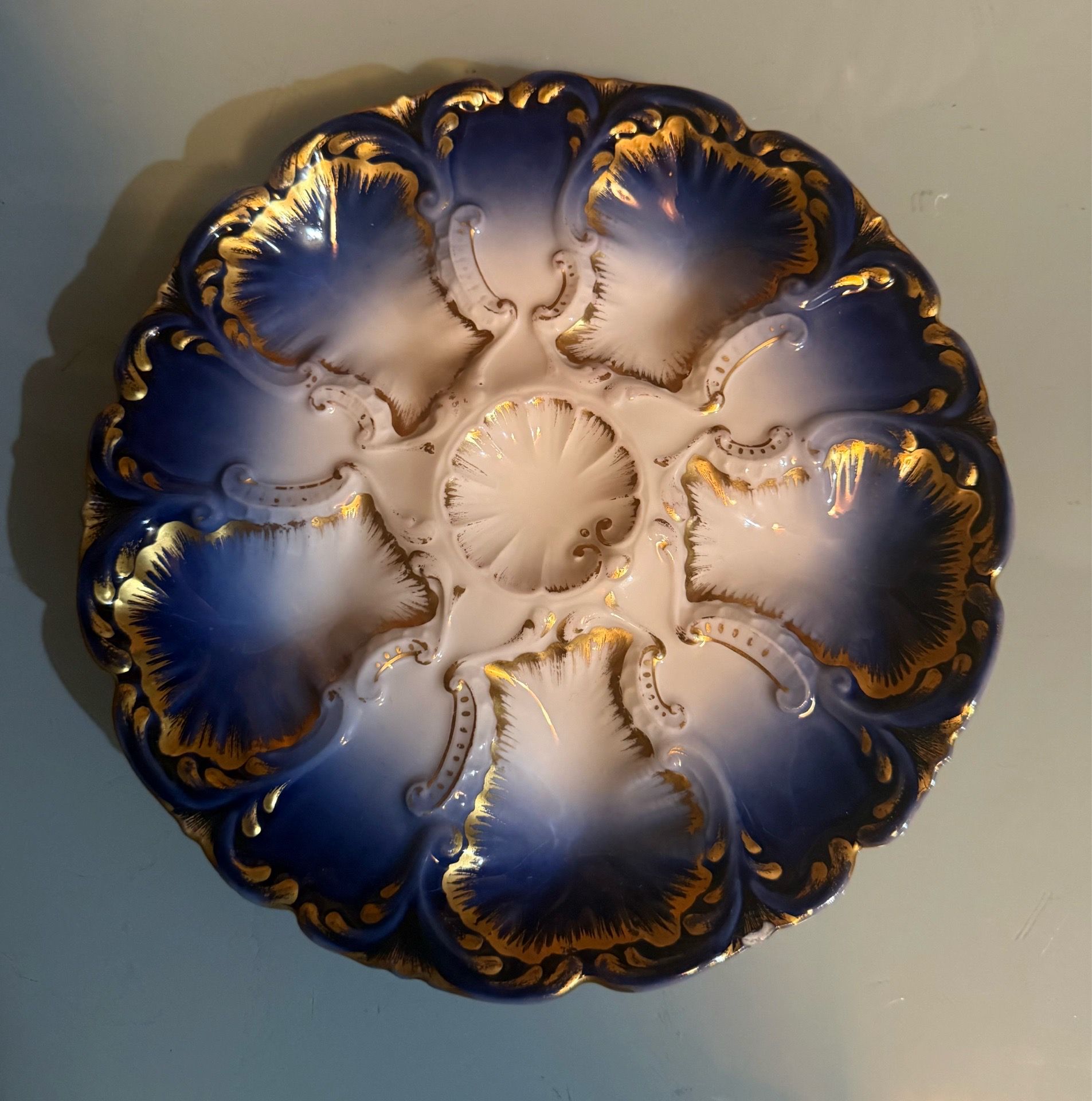 Rare Beautiful Hand Painted Limoges Oyster Plate Cobalt Blue and Gold