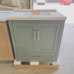 30 in Single Sink Bath Vanity in Sage Green with Marble Top in White  $475 