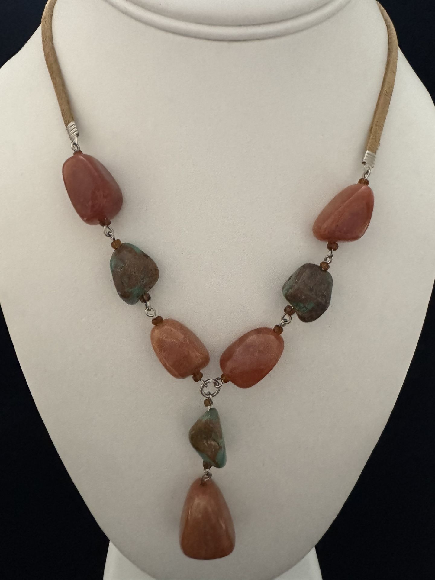 Vintage Silvertone Southwestern Style Turquoise & Jasper Leather Necklace