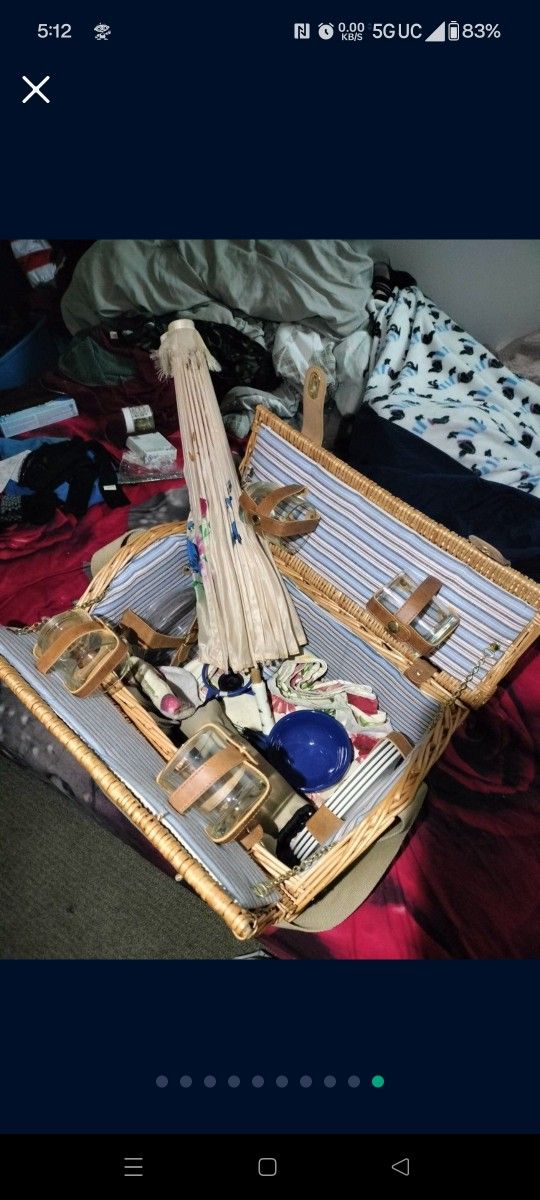 Amazing Vintage Japanese Picnic Basket Meal Kit W/ Antique Japanese Silk Picnic Umbrella