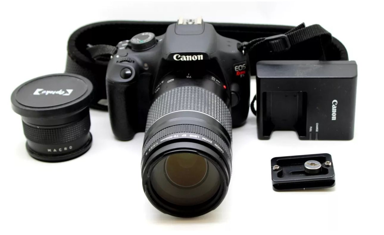 Canon EOS Rebel T5 DSLR 18 MP Camera Body 75-300 Canon Lens & Macro Opteka 0.35