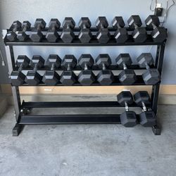 New Rubber Hex Dumbbells 5lbs-50lbs/Dumbbell rack included/ Gym Equipment/Weights/Exercise/Training 