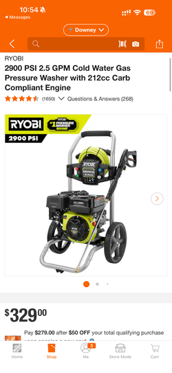 RYOBI 2900 PSI 2.5 GPM Cold Water Gas Pressure Washer with 212cc Carb Compliant Engine