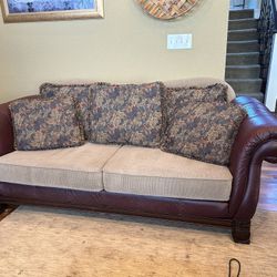 Leather And Cloth Loveseat And Sofa