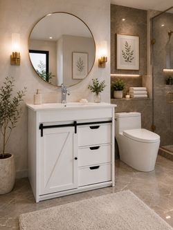 30" Bathroom Vanity with Sink, Bathroom Storage Cabinet with Sliding Barn Door, Farmhouse Bathroom Cabinet with 3 Drawers