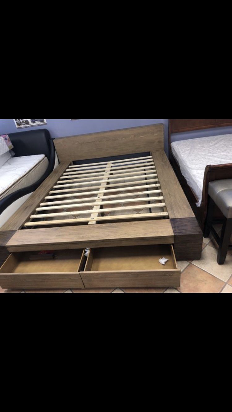 Low Profile Wooden Bed Frame With Built In Storage Drawers
