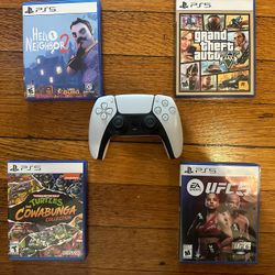 Ps5 lot: controles, GTA 5, UFC 5, TMNT cowabunga collection, Hello Neighbor 2