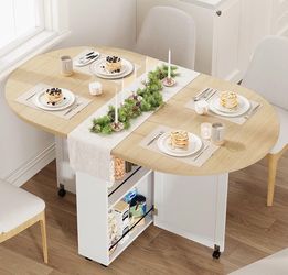 3-in-1 Folding Dining Table with Wine Rack & Cup Holder Lockable Casters, Drop Leaf Oval Folding Kitchen Table for Small Spaces