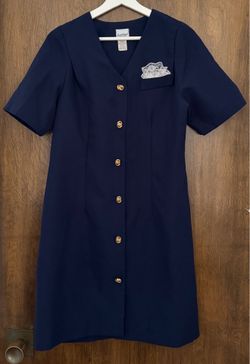 Vintage Earth Angel navy blue with gold button front shift dress, size 13/14