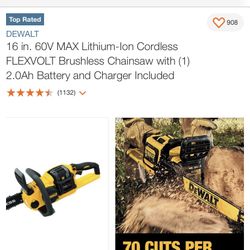 DEWALT 16 in. 60V MAX Lithium-Ion Cordless FLEXVOLT Brushless Chainsaw with (1) 2.0Ah Battery and Charger Included