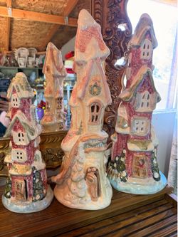 3- Sterling Light Up Christmas House 3 Story Tall Porcelain Village Vintage Home 13”,19” and 20”tall
