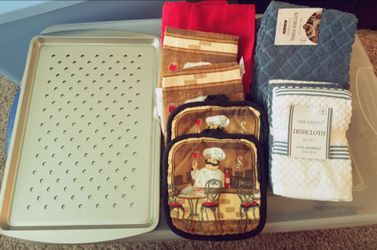 Baking sheet,red dish towel, new dish towel Ms and washcloths and more
