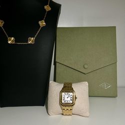 Women’s Watch 18k Yellow Gold Bonded Set Clover Necklace  With Matching Earrings 