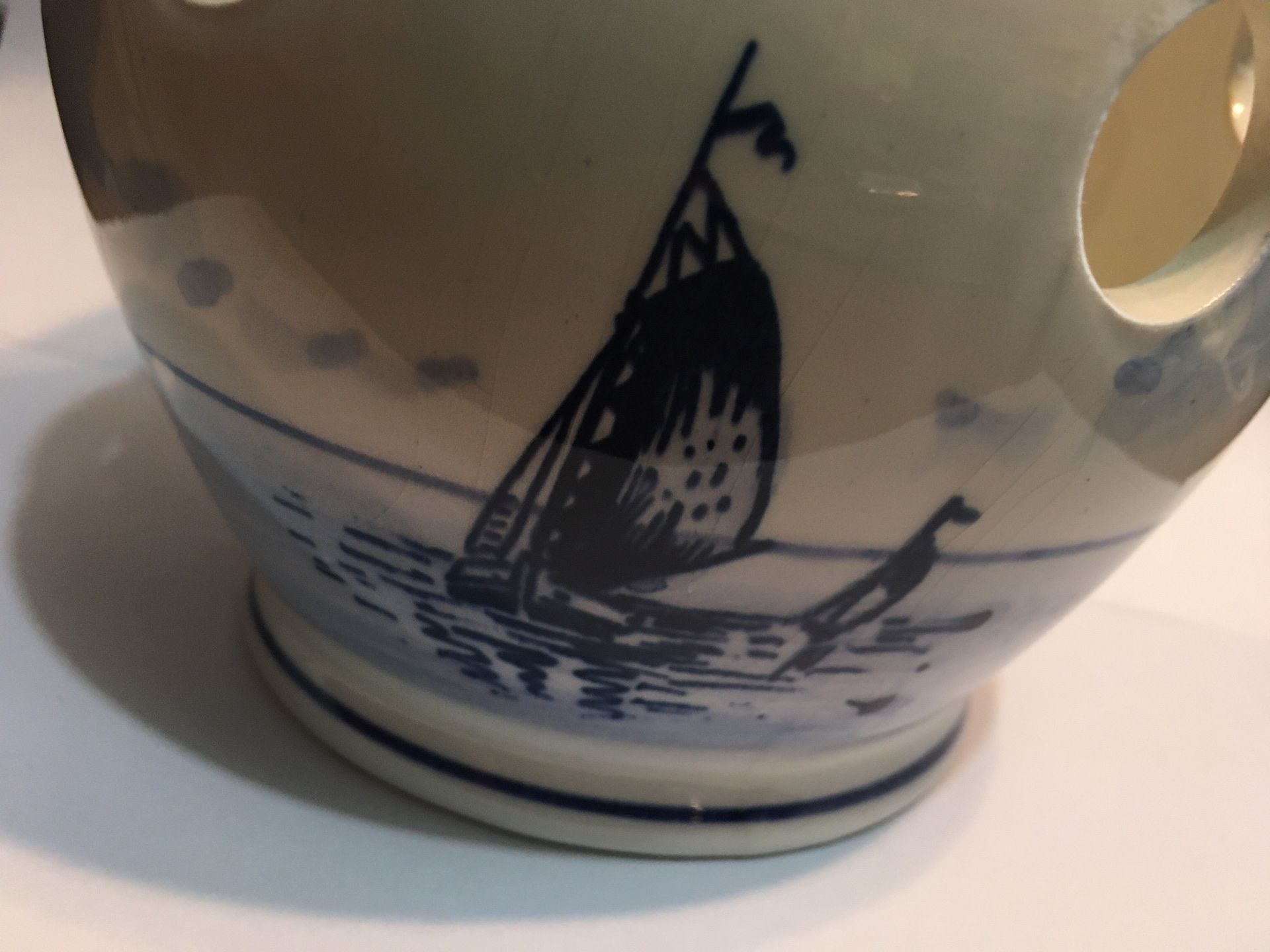 Delft Holland orchid flower pot with windmill and sailboat hand painted glazed embellishments. Marked