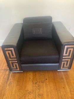 Versace Home Black Leather Greek Key Club Chair — Luxury Designer Lounge Chair