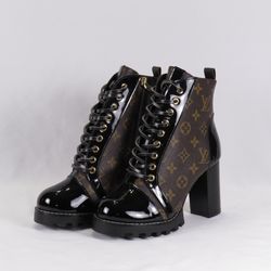 Louis Vuitton Ankle Boots Monogram Brown Black Size 38 Block Heel