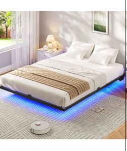 Floating Bed Frame Queen Size, Queen Bed Frame with Smart LED Lights and Charging Station, Modern Metal Platform Bed, No Box Spring Needed, Easy Assem