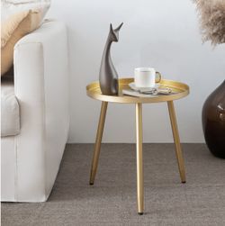 End Table, Ideal for Any Room-Side Tables Living Room,Bedroom, Gold Plant Stand Balcony, Metal Structure Indoor & Outdoor,Gold Tray with 3 Legs