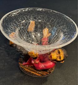 Monkey Chimpanzee Poly Resin Butler Serving Trinket Fruit Server. Crackle glass bowl. 6-5/8” diameter.