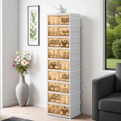 9-Tier Foldable Collapsible Shoe Storage Cabinet with Magnetic Doors | Holds Up to 18 Pairs | White