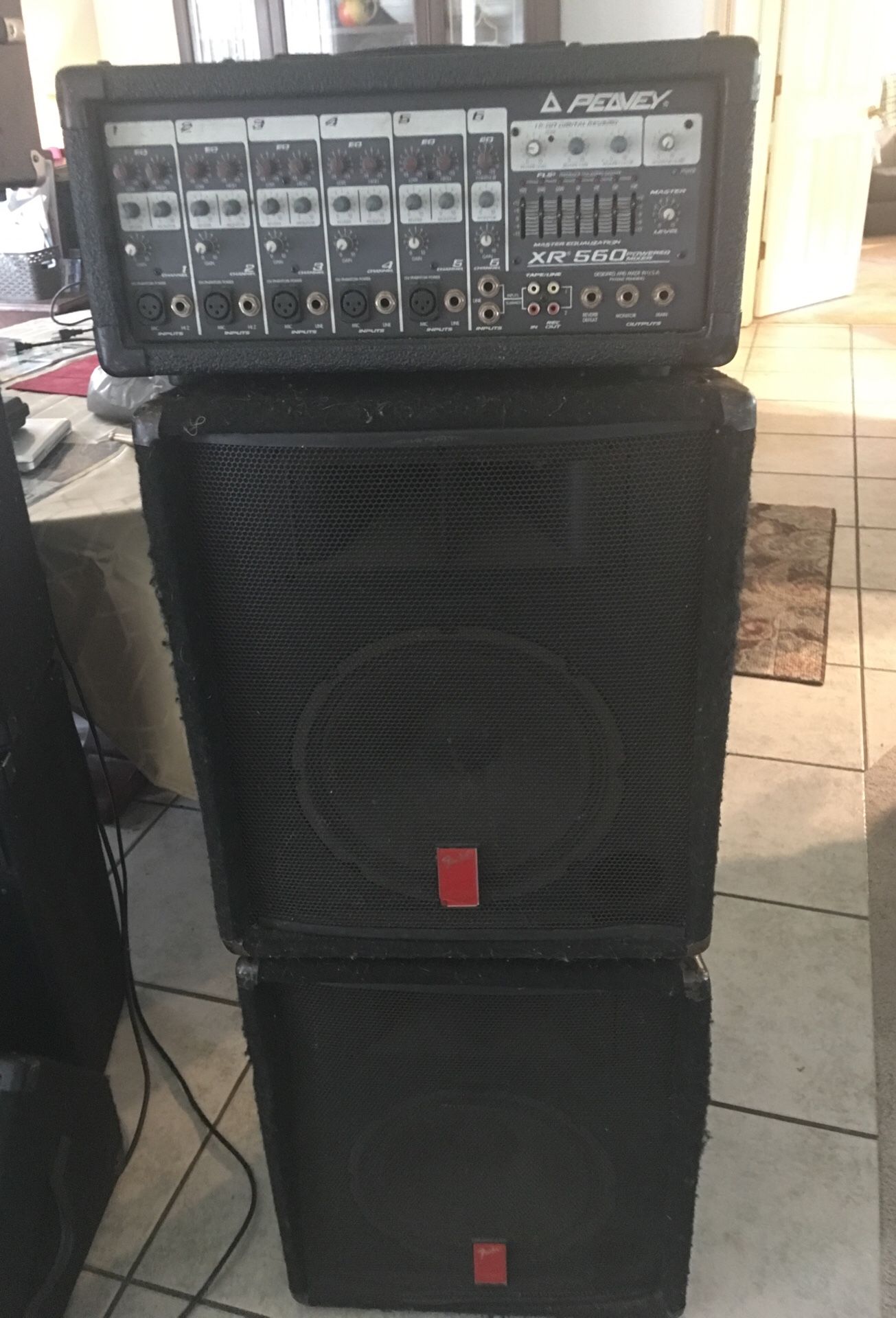 Fender pa speakers and a peavey powered mixer.