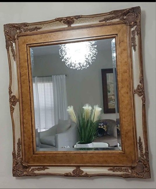 Large Gold Framed Rectangule Antique Looking Wall Mirror Decorative.