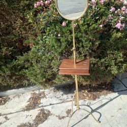 ANTIQUE RARE SHAVING MIRROR BRASS AND SOLID WALNUT