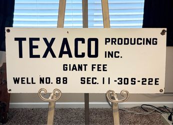Vintage Porcelain Texaco Giant Fee Oil Well Oilfield Lease Sign Kern County California