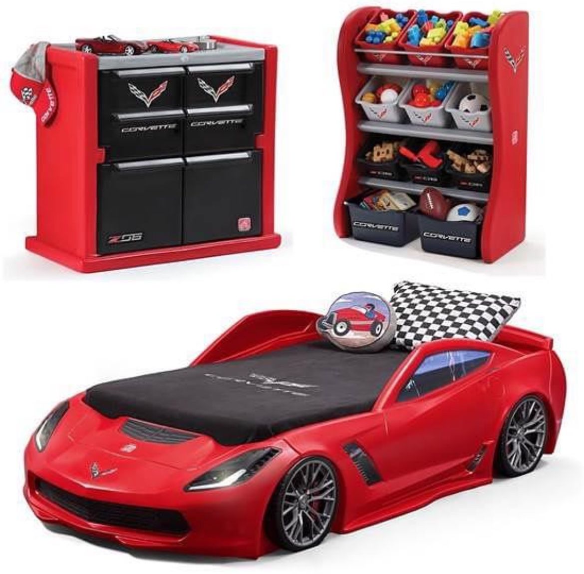 Step2 Corvette Convertible Toddler to Twin Bed with Lights Set Car bed Toy box Dresser