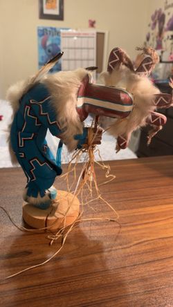 11” handmade Native American Kachina doll, featuring hand-painted designs on the blue clothing.