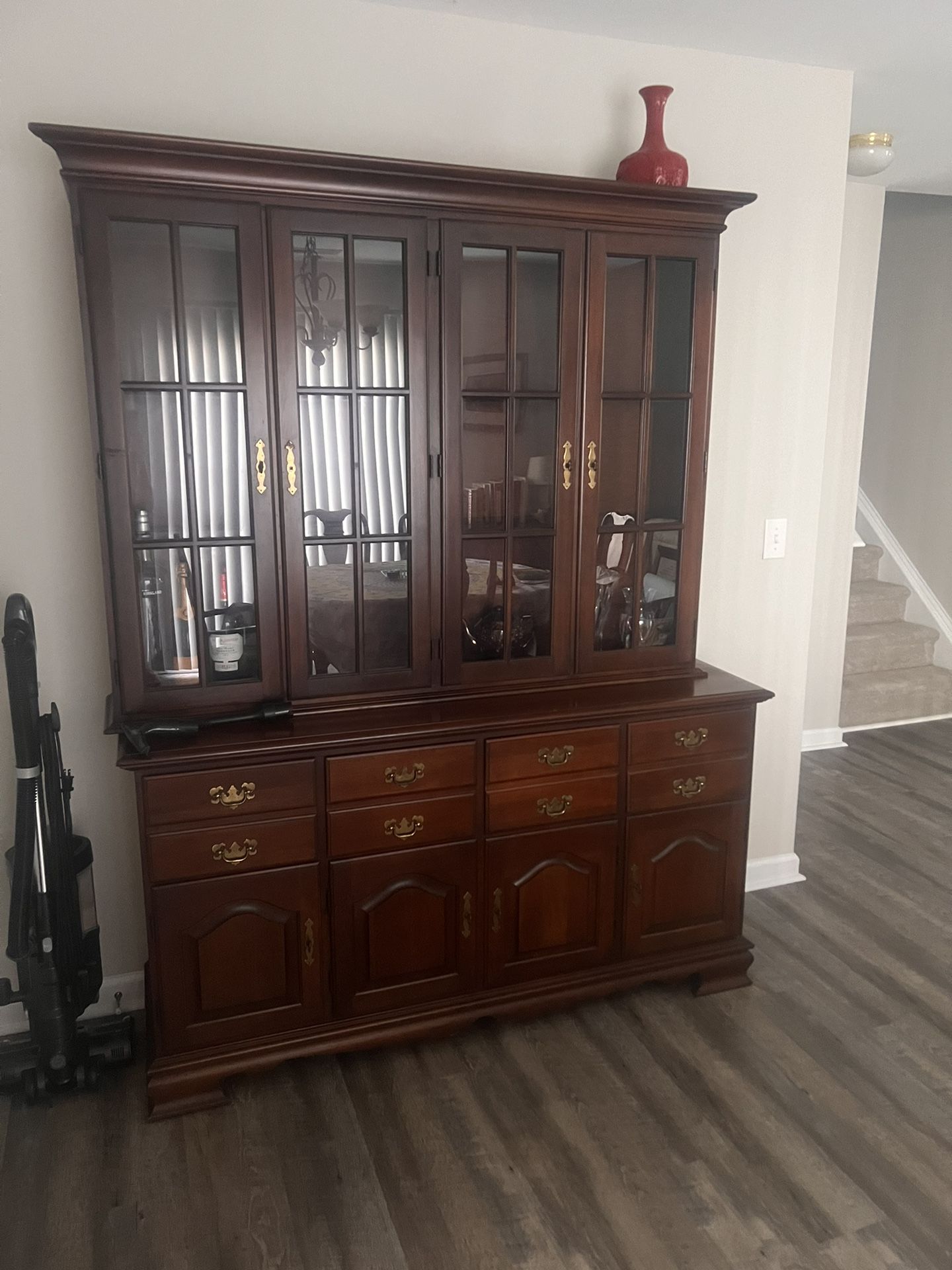 1970s Solid Wood Top half China Hutch With Glass Doors