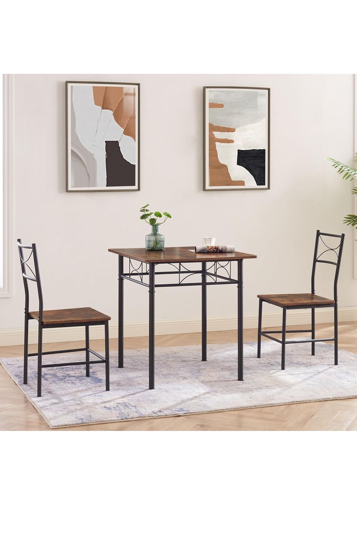 Retro Small Kitchen Dining Room Table Set and Chairs, Square Bistro Sets with 2 Chairs, 3-Piece Pub Dining Furniture, Wood Top for Breakfast Dinner Co