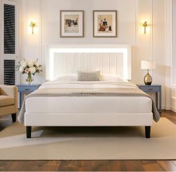 Full Size Bed Frame with LED Light, Adjustable Vertical Channel Tufted Velvet Headboard, Noise-Free Wooden Slats, No Box Spring Needed, Easy Assembly