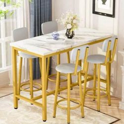  43.3” Dining Table Set for 4, Rectangle Bar Table with 4 PU Leather Backrest Stools, Pub Dining Room Table Set for Kitchen, Bar, B
