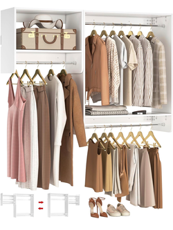 36” - 60” Closet System, 5FT Walk in Closet Organizer Starter Kits with 3 Hanging Rods and 2 Shelves, Heavy Duty Reversible Wood Clothing Racks, Cut B