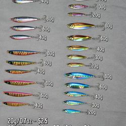 20g, 40g, 60g, and 80g metal Shore jigs — full glow, equipped with BKK treble hooks