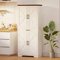Farmhouse Kitchen Pantry Cabinet, 72" Height Tall Freestanding Cupboard with Sliding Storage Rack and 6 Hanging Shelves for Kitchen, Dining Room, Whit
